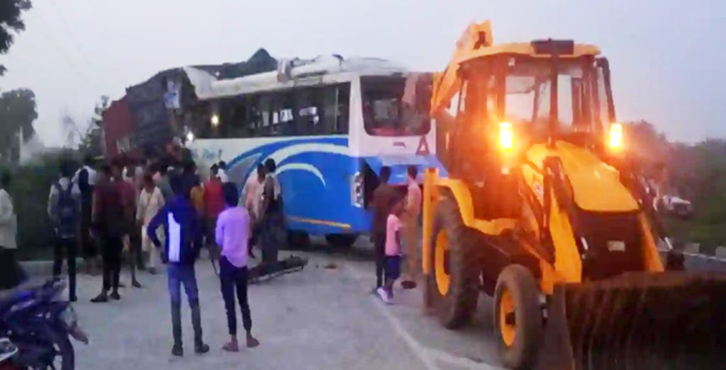 Video: Bus collides with container in Hathras, 2 dead, about 16 injured